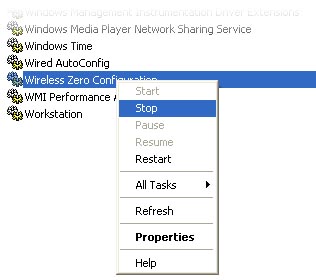 Turning off the wireless zero configuration service in Windows XP