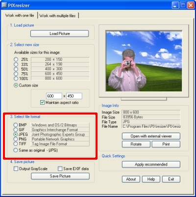 PIXresizer single file interface