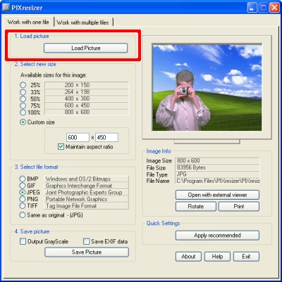 PIXresizer work with one file option