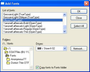 Add font window in Windows XP