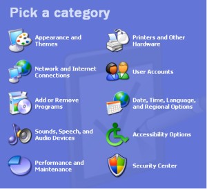 Control panel window in Windows XP