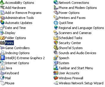 Control panel window in Windows XP